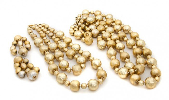 A Givenchy Goldtone Textured Bauble Necklace, Belt: A Givenchy Goldtone Textured Bauble Necklace, Belt and Earclips. No stamp.