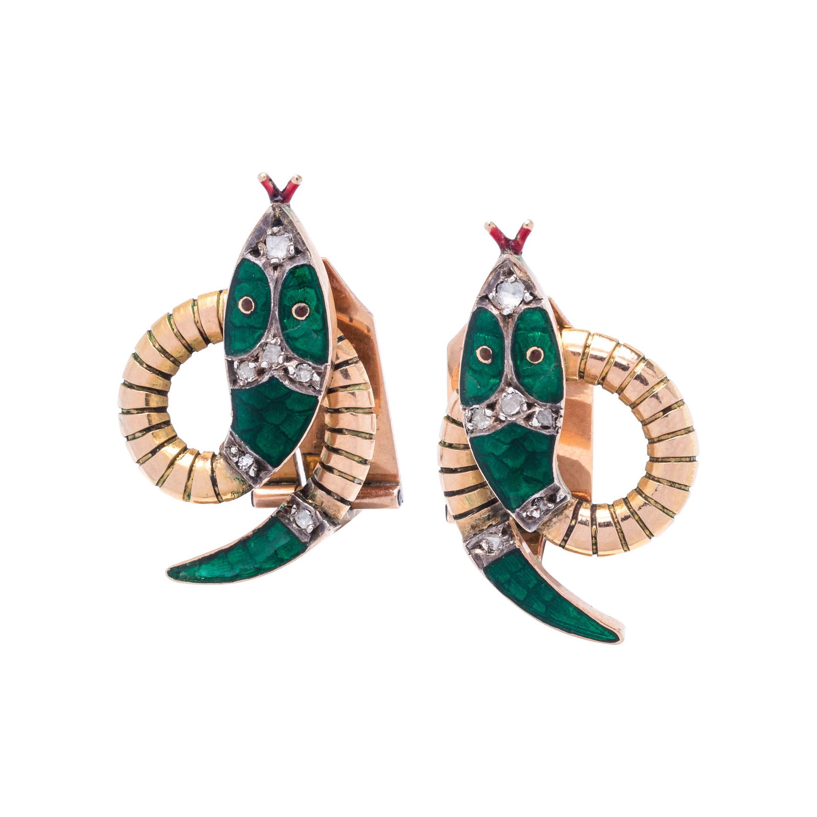 YELLOW GOLD, ENAMEL AND DIAMOND SNAKE EARCLIPS (1 of 2)