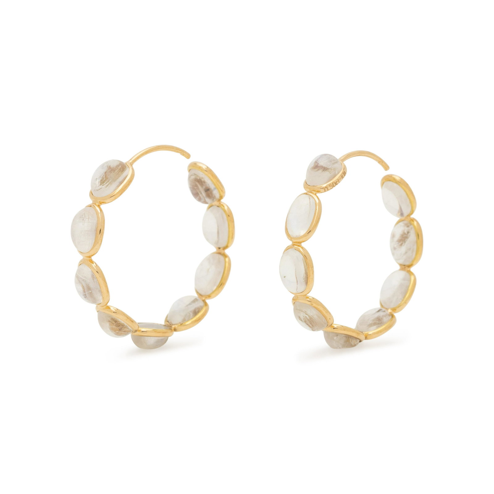 MOONSTONE HOOP EARRINGS: MOONSTONE HOOP EARRINGS In an inside out style, containing 18 oval cabochon moonstones. Mounted in yellow gold. 1 inch long. Stamp: 11.50ct K18. 2.70 dwt. (not including earring backs)