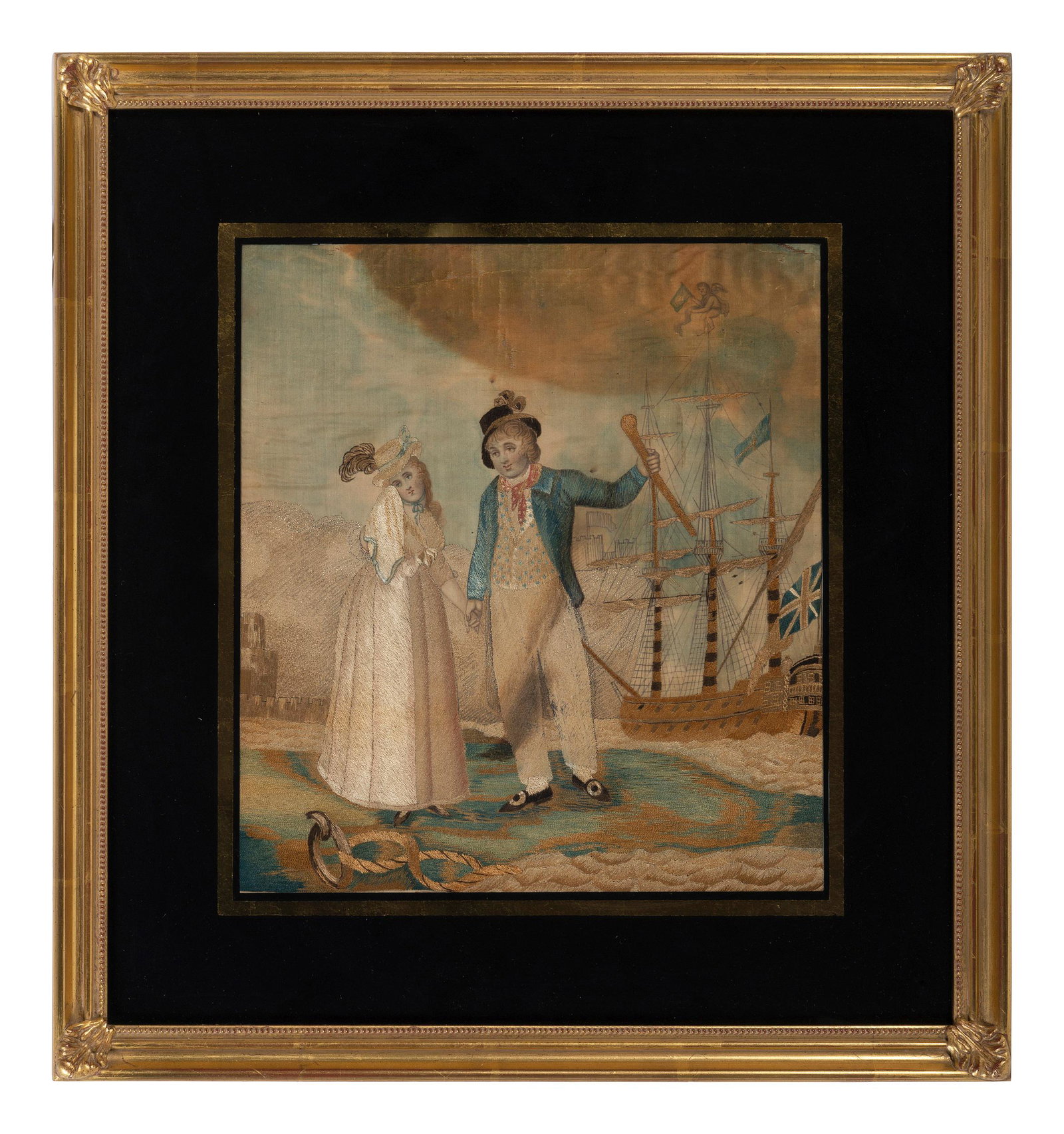 An English Silkwork Embroidered 'Sailor at Port' (1 of 2)