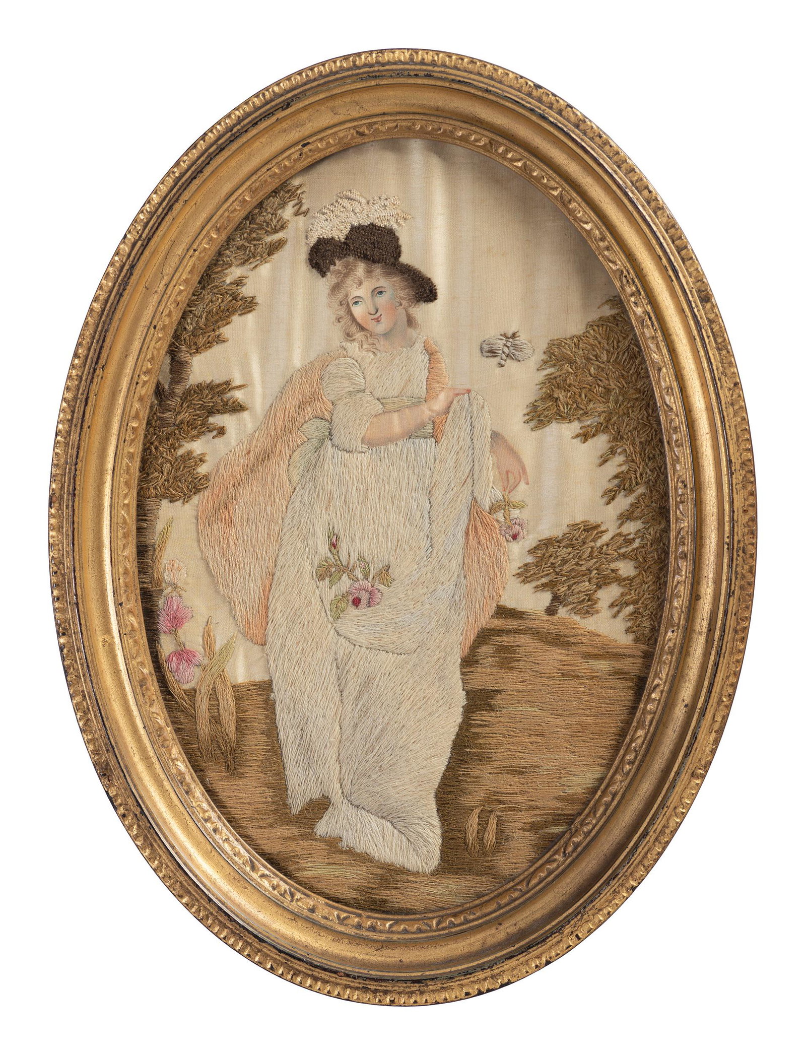 Two English Gilt Thread Embroidered Silk Pictures (1 of 2)