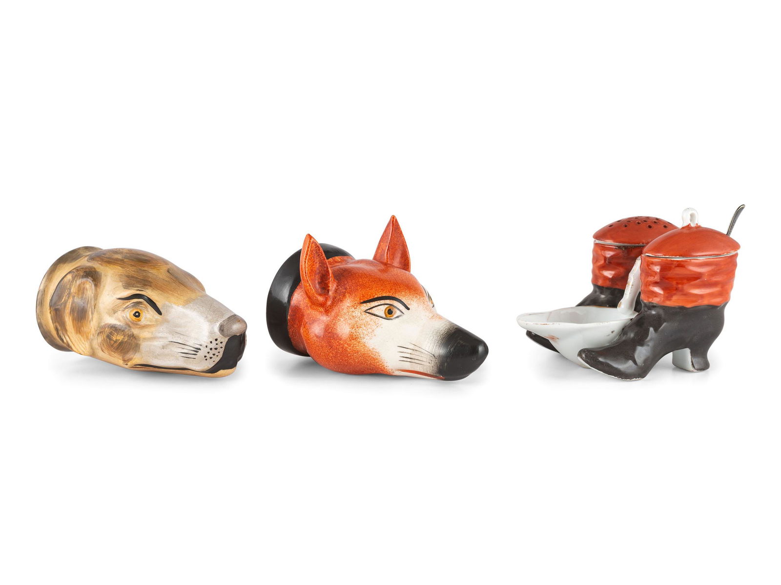 Two Staffordshire Stirrup Cups and a Boots-Form Novelty (1 of 3)