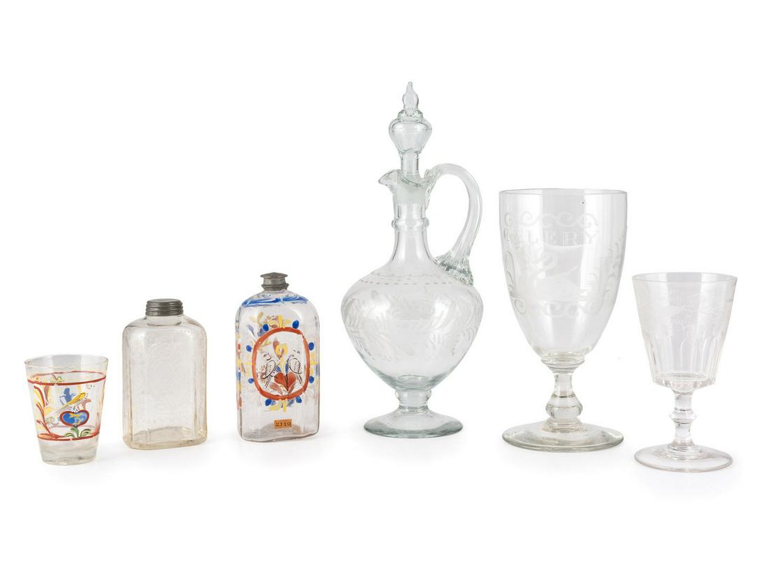 A Blown and Etched Glass Decanter, Goblet, and Jar (1 of 2)