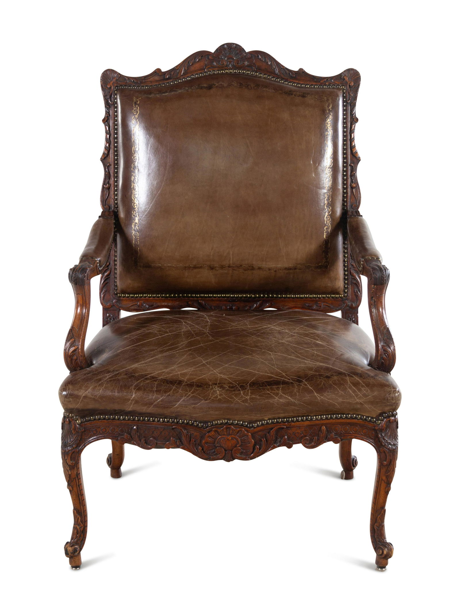 A Regence Style Carved Walnut Fauteuil with Leather (1 of 3)