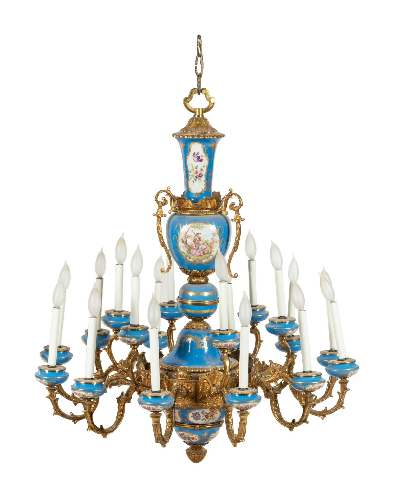 A Sevres Style Painted Glass and Gilt Metal Mounted: A Sevres Style Painted Glass and Gilt Metal Mounted Eighteen-Light Chandelier 20th Century bearing spurious interlaced Ls enclosing a D. Height 40 1/2 x diameter 35 inches. Property from the Collectio