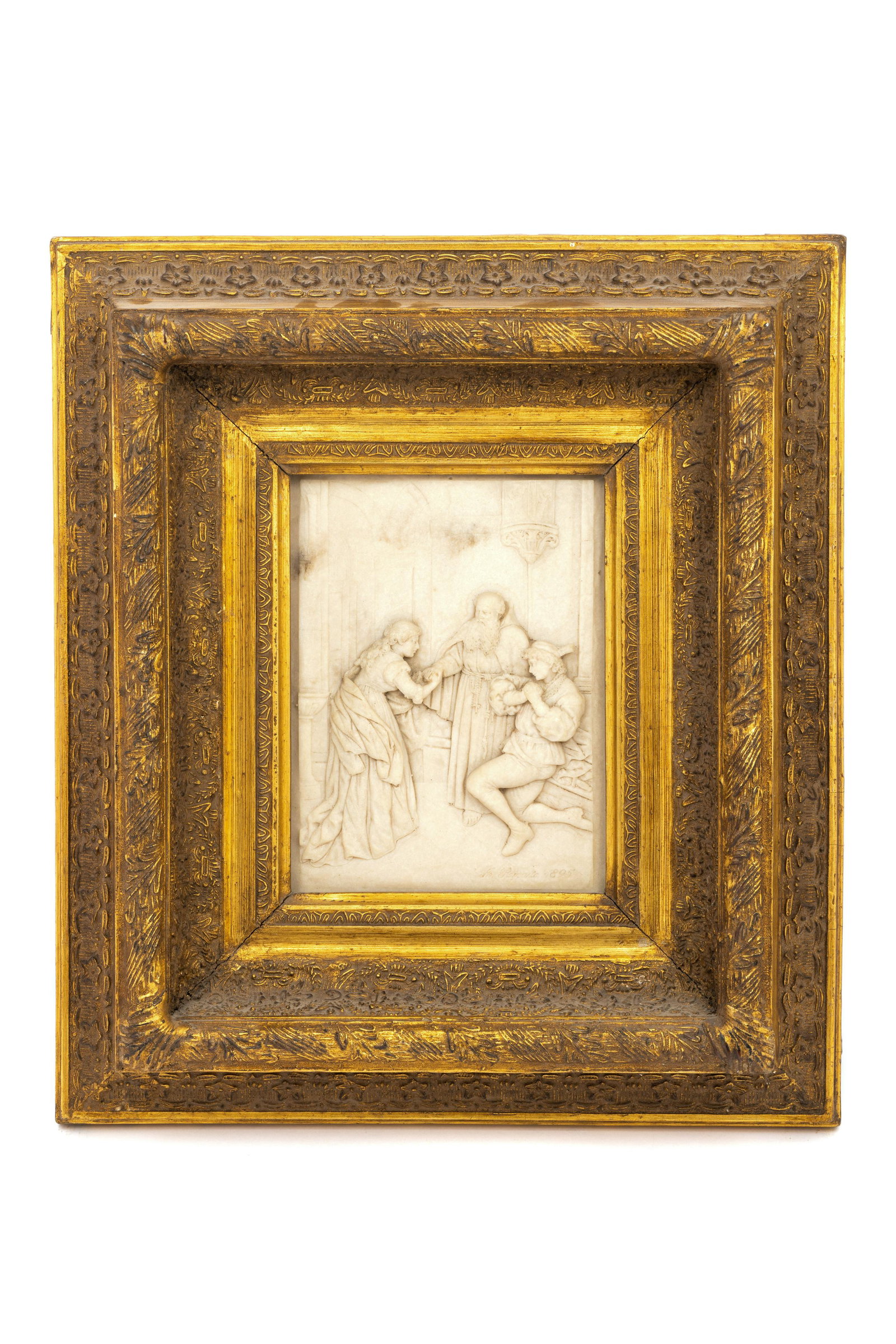 Augusto Rivalta (Italian, 1838-1925) : Augusto Rivalta (Italian, 1838-1925) Preparation for the Secret Wedding, 1895 alabaster signed A. Rivalta and dated (lower right) Plaque: 8 x 6 inches. Property from the Collection of Ra