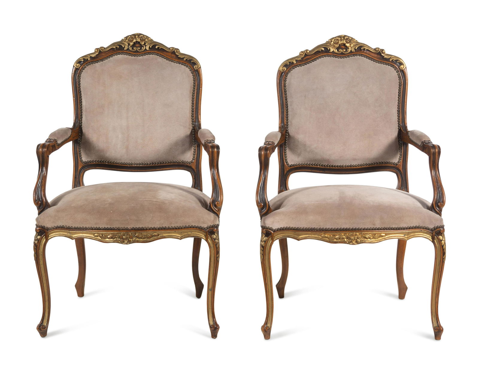 A Pair of Continental Parcel Gilt Armchairs with Suede (1 of 4)