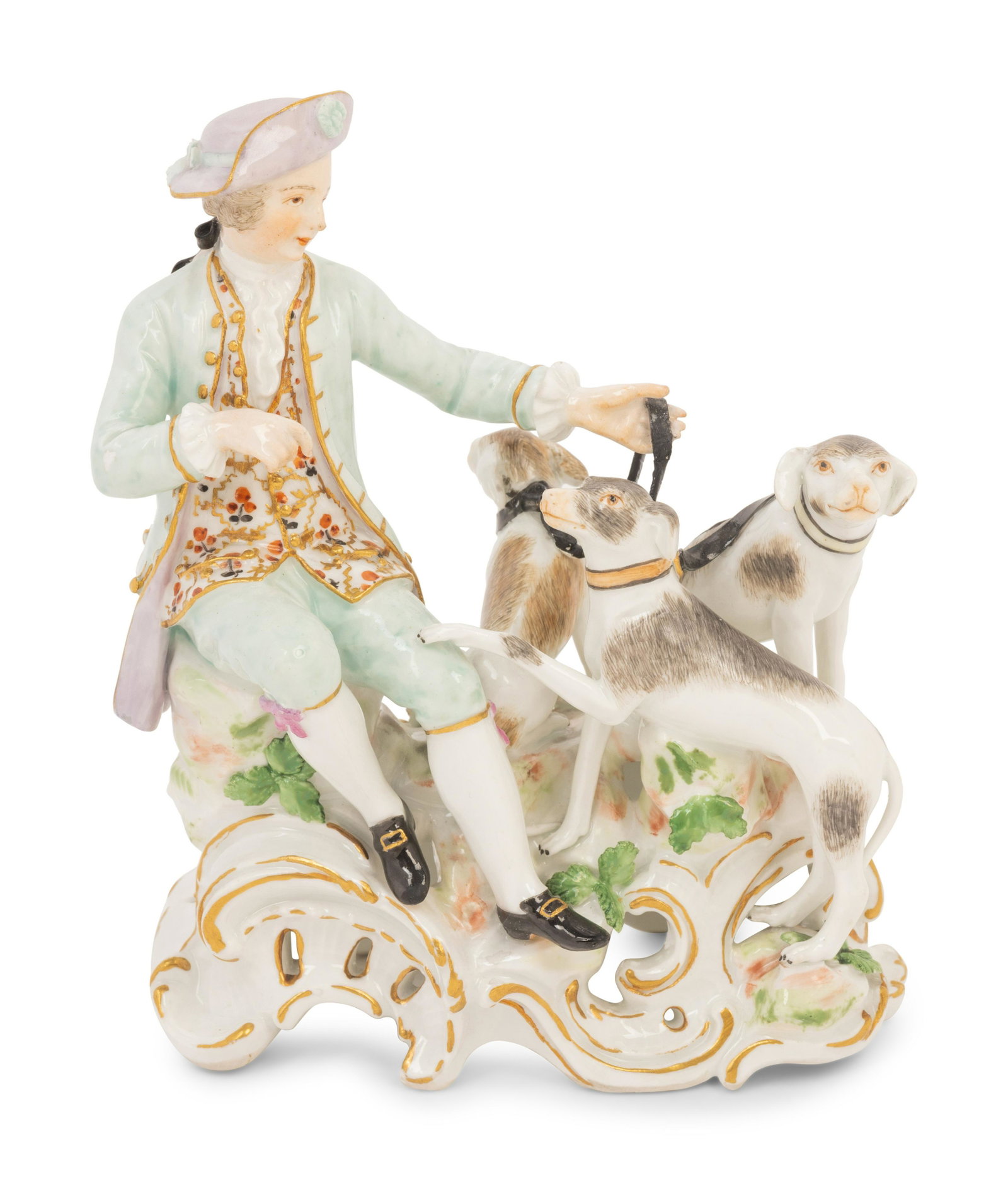 A Meissen Porcelain Figural Group of a Man with Hounds: A Meissen Porcelain Figural Group of a Man with Hounds 19th Century bearing crossed swords in underglaze blue, an accession number and a Guaranteed Royal Meissen Circa 1765 gilt foil sticker to the un