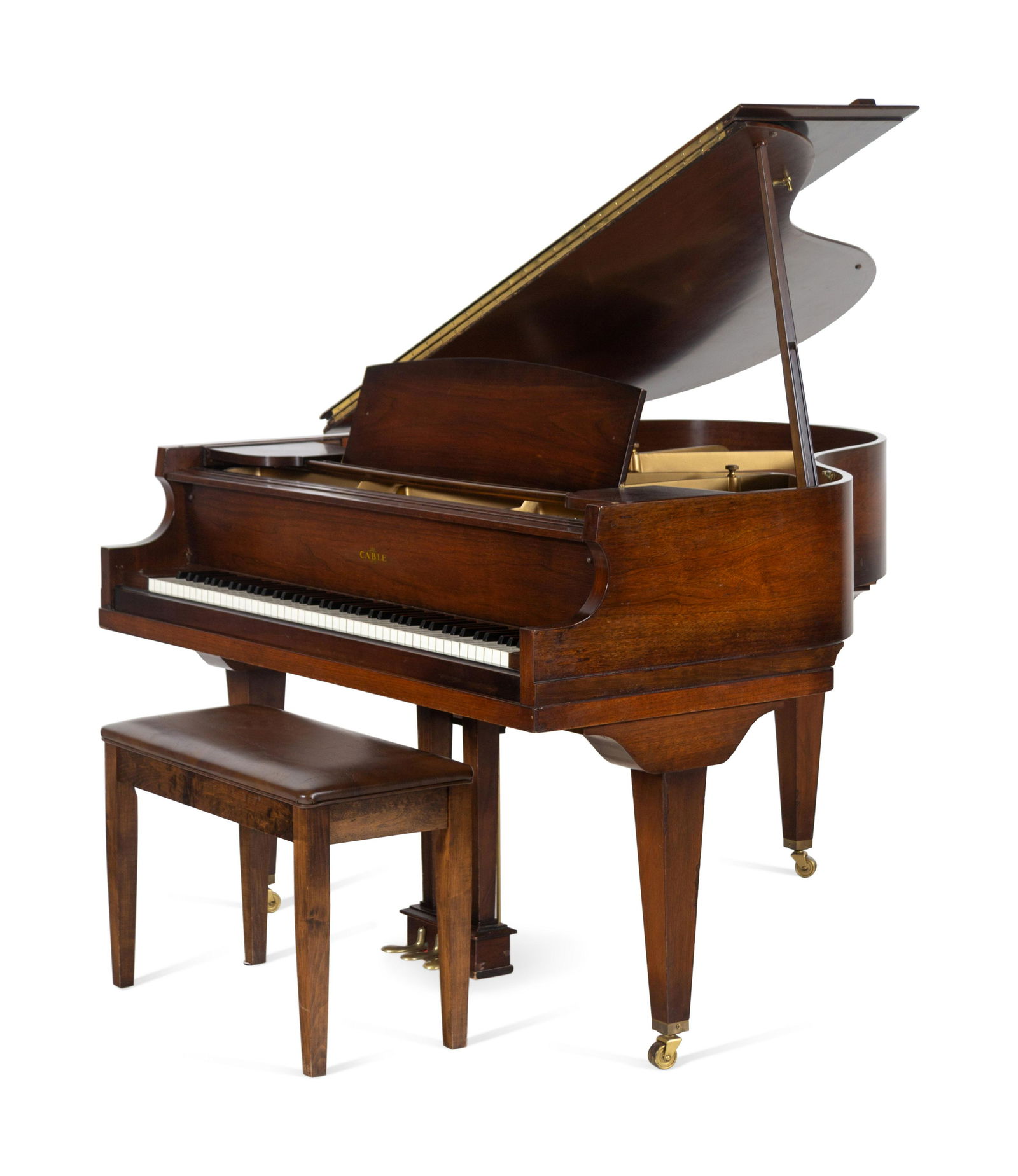 A Cable Mahogany Baby Grand Piano: A Cable Mahogany Baby Grand Piano 1934 serial number 303225, with bench. Length of case 57 inches.