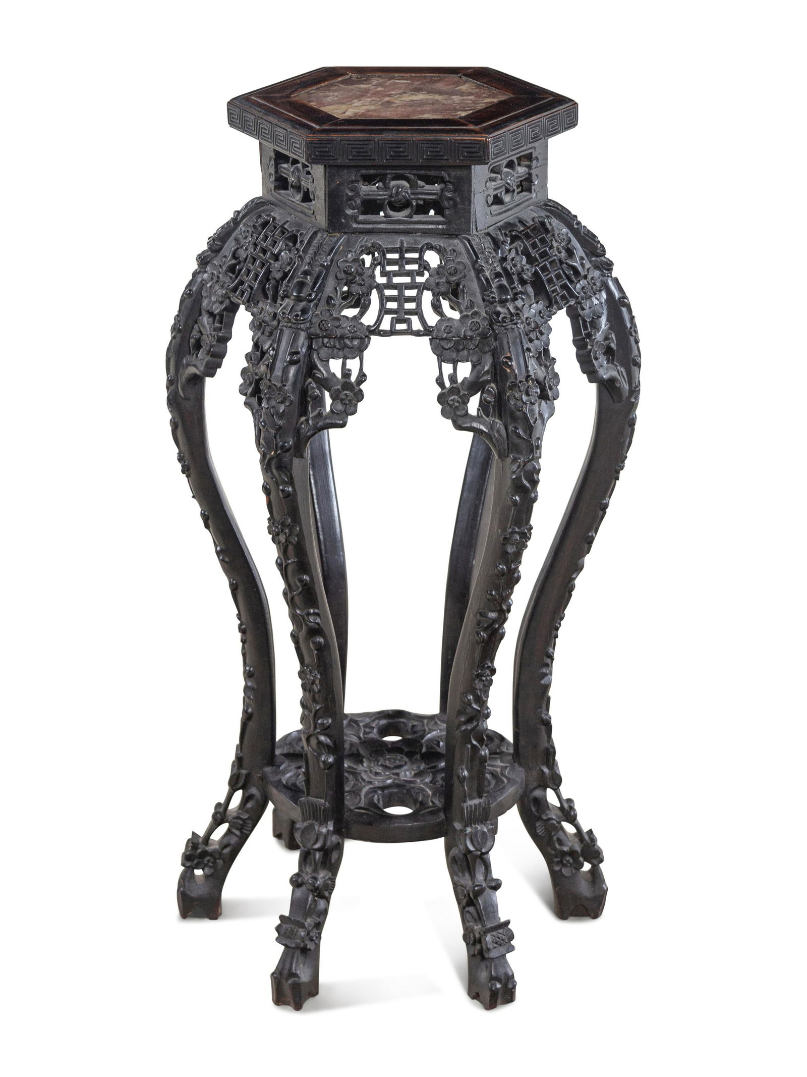 A Chinese Carved Hardwood and Marble-Inset Pedestal (1 of 3)