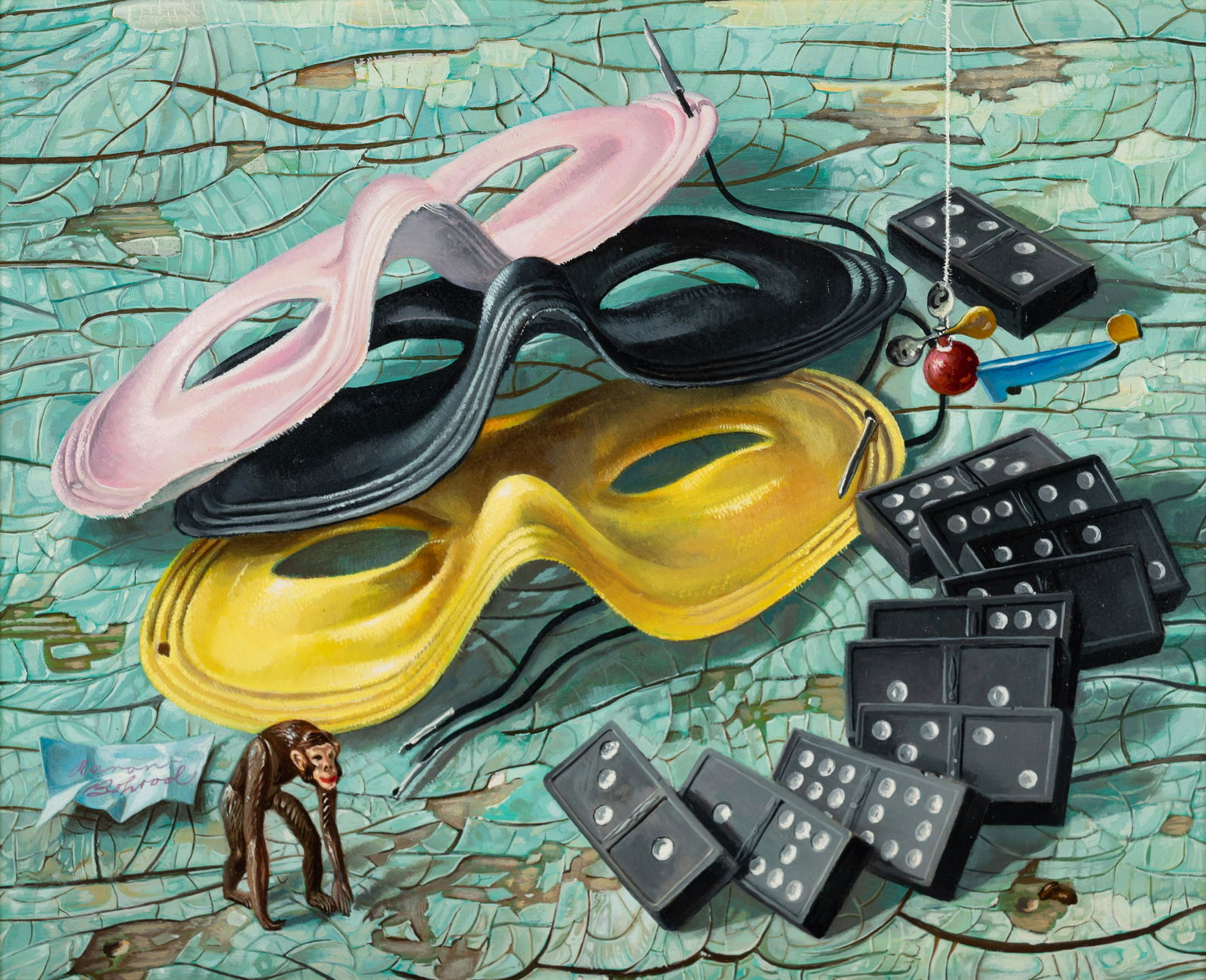 Aaron Bohrod (American, 1907 -1992) Theory of Dominos: Aaron Bohrod (American, 1907 -1992) Theory of Dominos oil on panel signed Aaron Bohrod (lower left) 8 3/4 x 10 5/8 inches. Property from a Madison, Wisconsin Estate, Sold to Benefit PBS Wisconsin