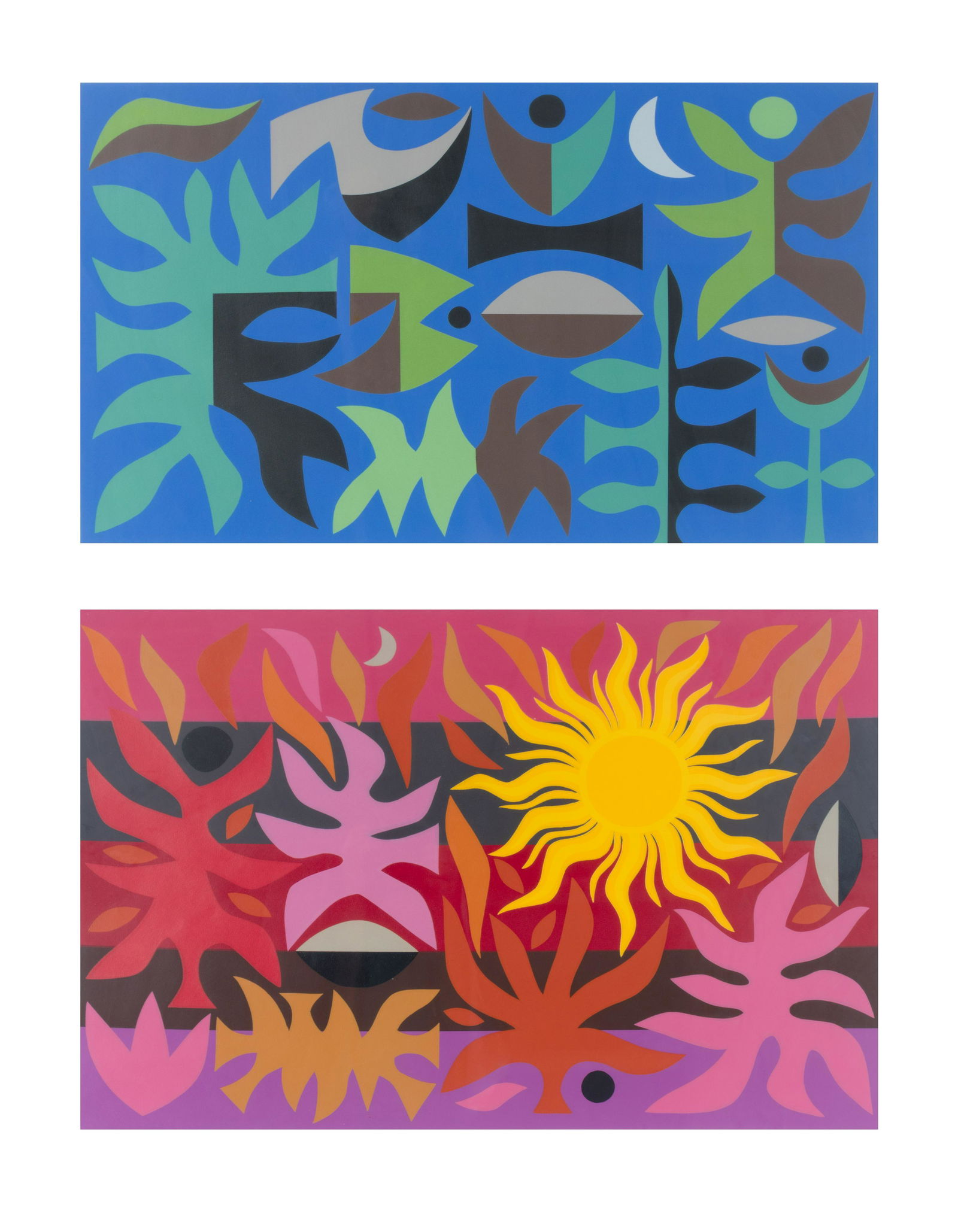 John Coburn (Australian, 1925-2006) Curtain of the Sun,: John Coburn (Australian, 1925-2006) Curtain of the Sun, Sydney Opera House, 1969 and Curtain of the Moon, Sydney Opera House, 1974 (a pair of prints) lithographs signed, titled and numbered189/200 and