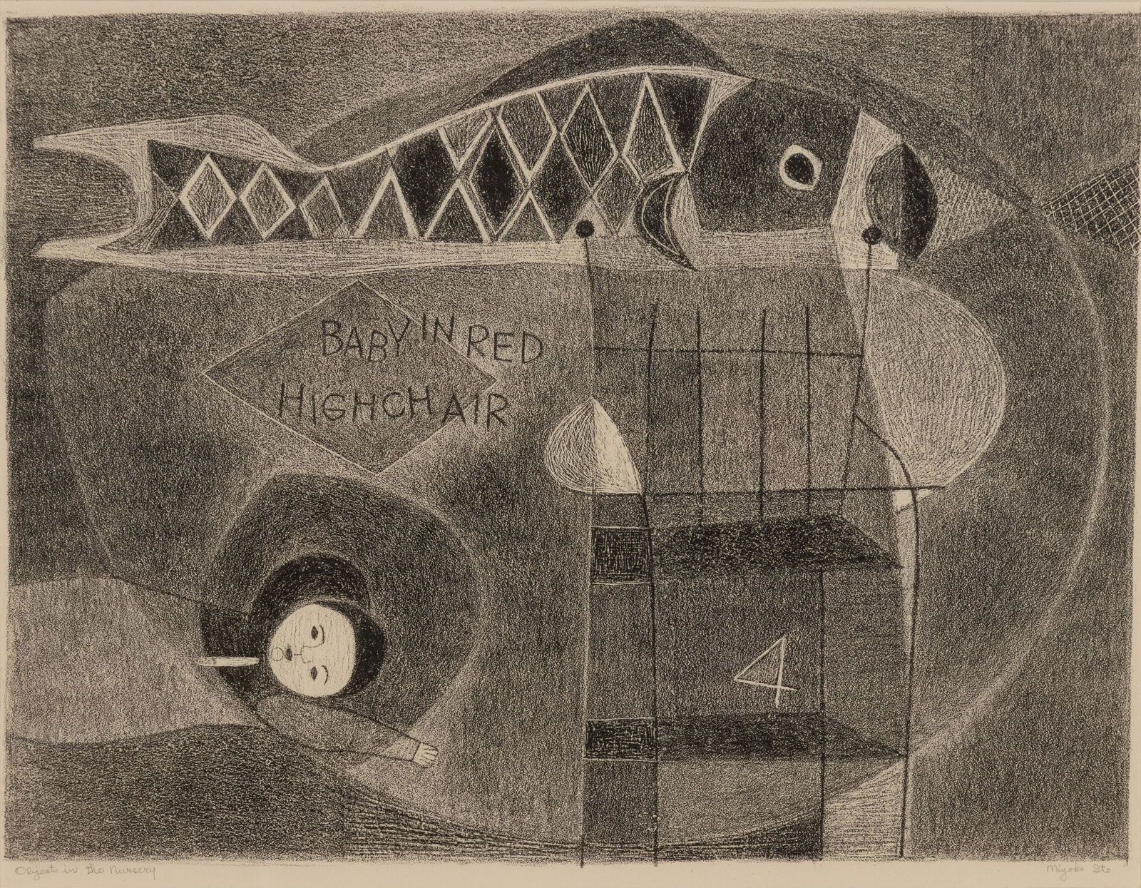 Miyoko Ito (American, 1918-1983) Objects in the: Miyoko Ito (American, 1918-1983) Objects in the Nursery, 1950 lithograph signed and titled in pencil 10 x 13 1/2 inches.