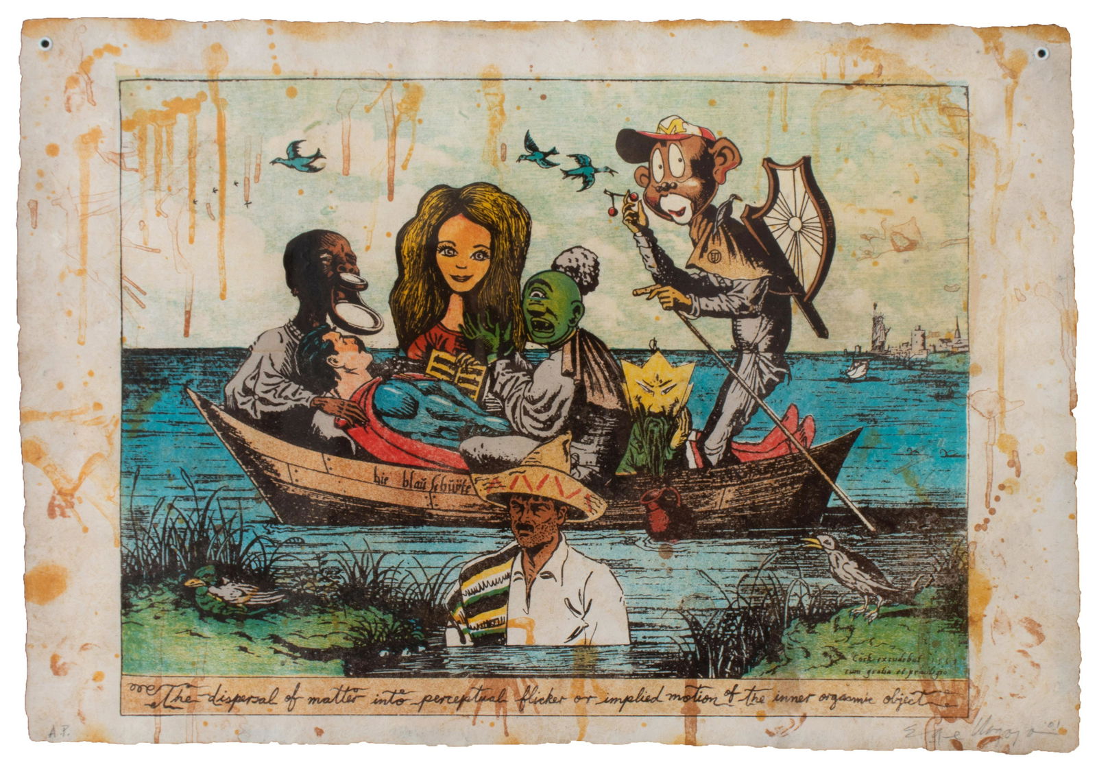 Enrique Chagoya (Mexican/American, b. 1953) The: Enrique Chagoya (Mexican/American, b. 1953) The Dispersal of Matter , 2001 lithograph and wood cut signed, dated and annotated A.P. in pencil 15 x 22 3/4 inches. Provenance: Sold: ASU Art Museum Chari