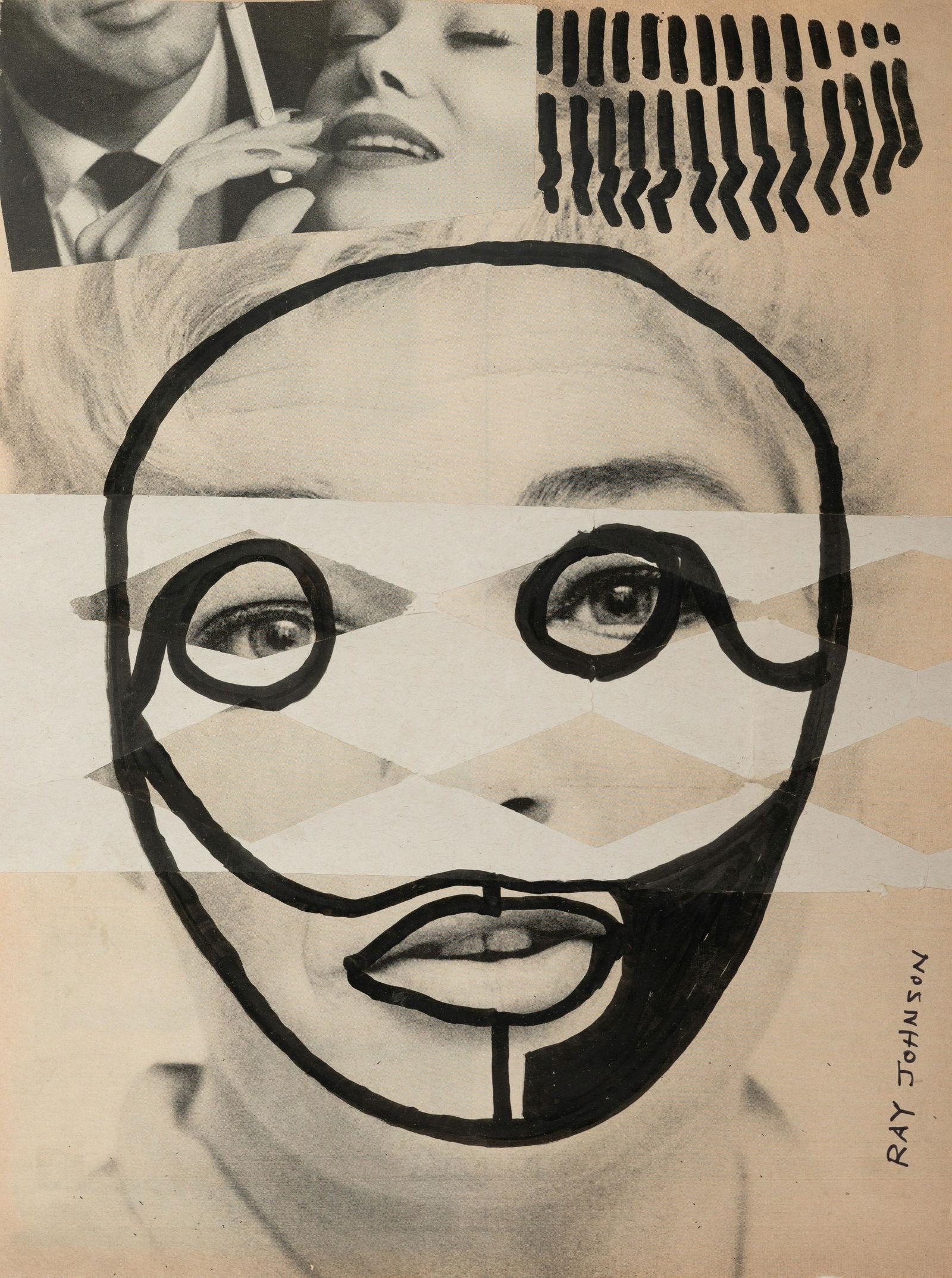 Ray Johnson (American, 1927-1995) Untitled (Face), 1985: Ray Johnson (American, 1927-1995) Untitled (Face), 1985 mixed media on collage signed Ray Johnson (lower right) 13 x 9 1/2 inches. Provenance: Richard Misianno-Genovese, New York, New York