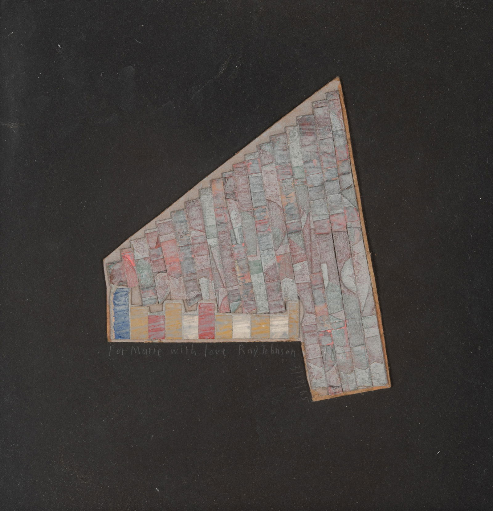 Ray Johnson (American, 1927-1995) Four, 1965: Ray Johnson (American, 1927-1995) Four, 1965 mixed media and collage on mat board signed Ray Johnson, dated and inscibed (lower center) 8 1/4 x 8 1/4 inches. Property from Marie Stilkind, New York, Ne