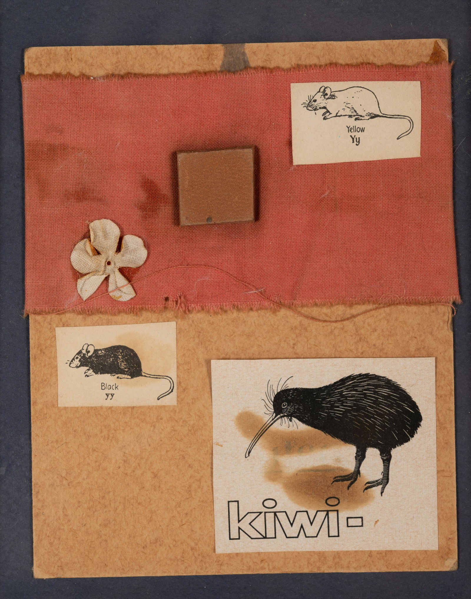 Ray Johnson (American, 1927-1995) Two Mice and a Kiwi,: Ray Johnson (American, 1927-1995) Two Mice and a Kiwi, 1962 mixed media collage on mat board signed Ray Johnson and dated (verso) 6 1/8 x 5 1/8 inches. Property from Marie Stilkind, New York, New York