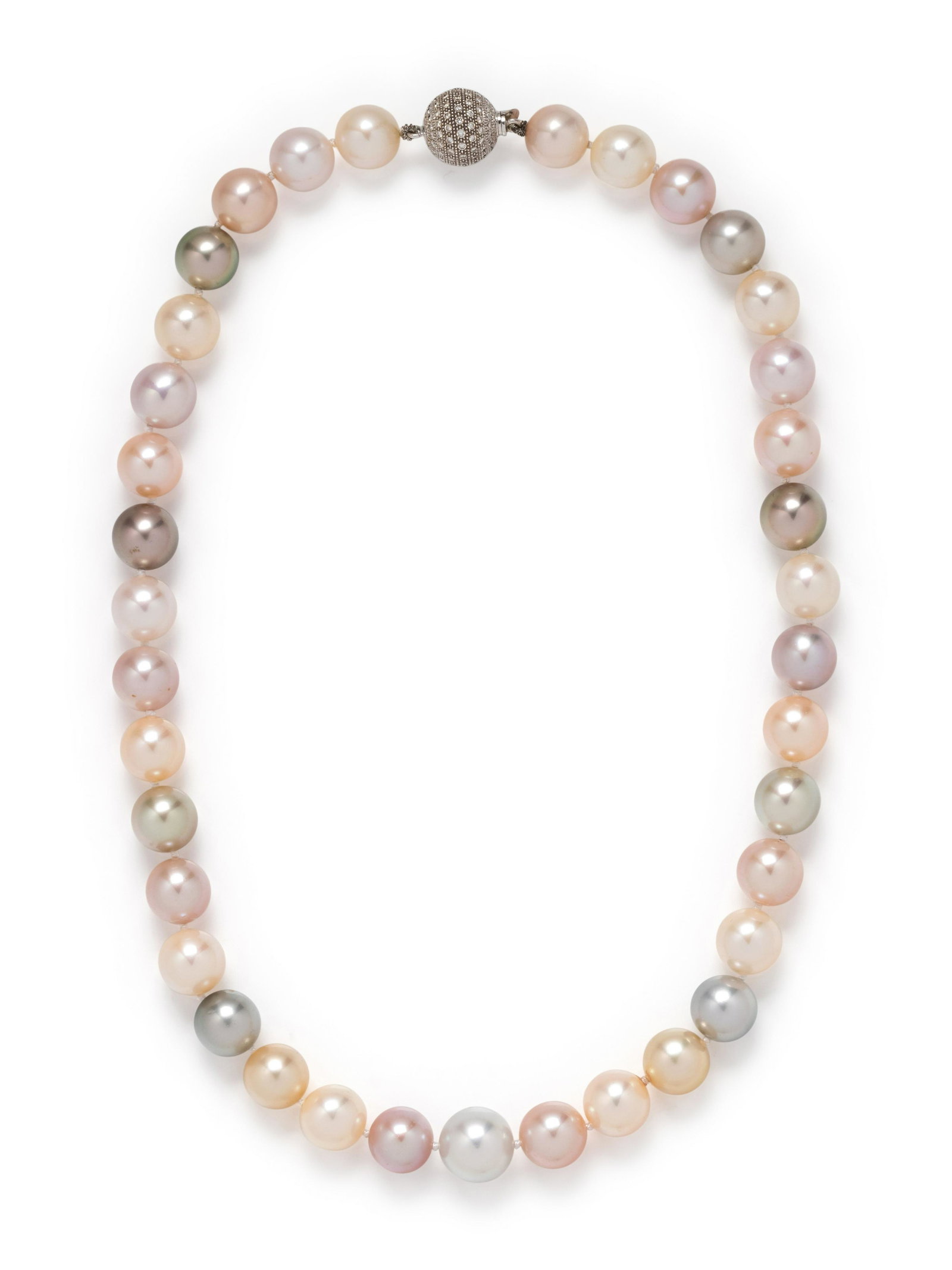 CULTURED PEARL AND DIAMOND NECKLACE: CULTURED PEARL AND DIAMOND NECKLACE Containing pearls of various colors measuring approximately 10.95-12.65 mm in diameter, strung knotted with a platinum clasp containing numerous round brilliant cut
