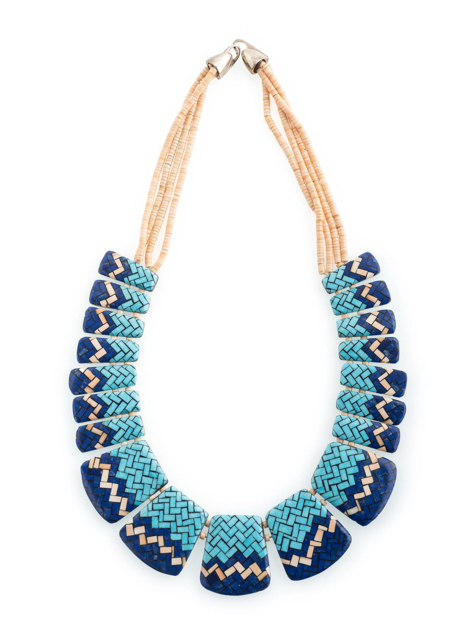 Angie Reano Owen, Attributed (Kewa, 20th/21st century): Angie Reano Owen, Attributed (Kewa, 20th/21st century) Multi-strand Mosaic Inlay Tab Neklace a four-strand necklace, strung with heishi; featuring graduated abalone tabs, with turquoise, lapis, and sh