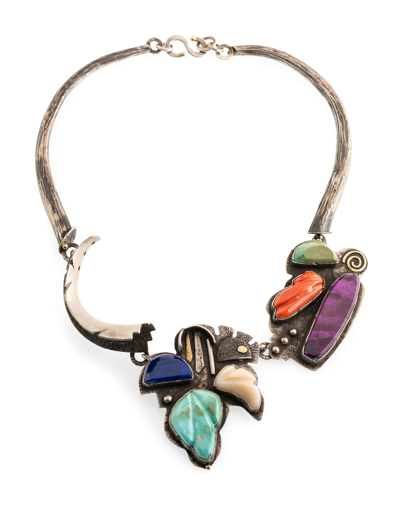 Jolene Eustace (Cochiti, act. since 1980s) Sterling: Jolene Eustace (Cochiti, act. since 1980s) Sterling Silver Choker, with 14K Gold Accents and Inlay set with turquoise, coral, lapis, and sugilite; marked JAE, STERLING, and 14K length 10-1/2 inches, w