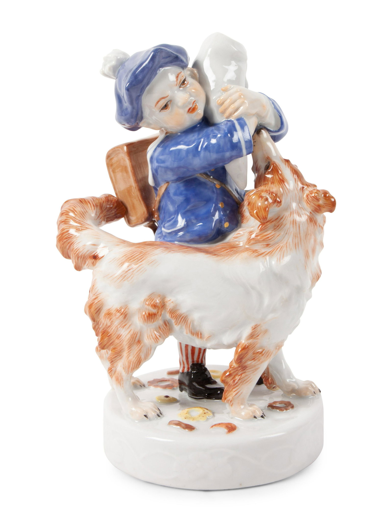 A Meissen Porcelain Figure of a Boy with a Dog, by: A Meissen Porcelain Figure of a Boy with a Dog, by Erich Hosel Early 20th Century depicting a boy with a sack full of baked goods, and an overzealous canine; with blue underglaze mark and incised V113