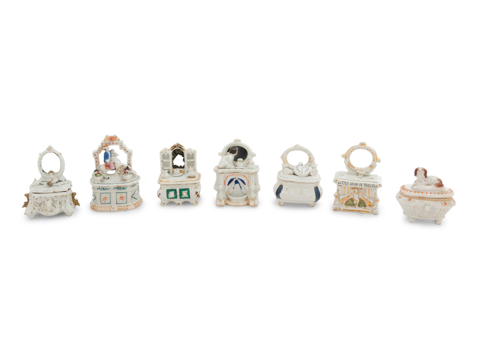 A Collection of Fourteen Staffordshire Trinket Boxes: A Collection of Fourteen Staffordshire Trinket Boxes 19th Century largest height 4 3/4 inches Property from the Collection of Mrs. Joan Worrall