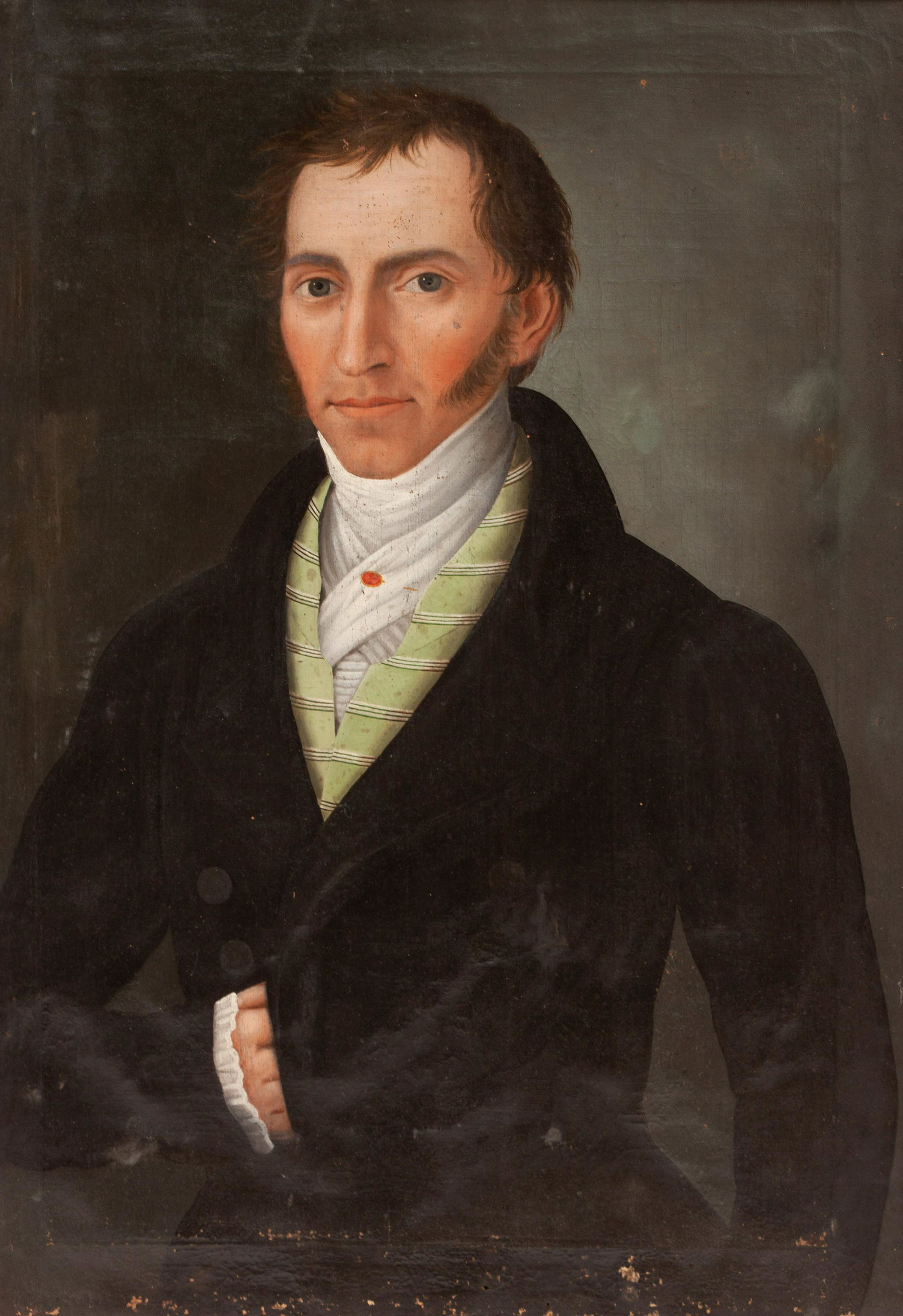 American School, 19th Century Portrait of a Gentleman: American School, 19th Century Portrait of a Gentleman in a Green Vest oil on canvas 29 1/4 x 21 1/4 inches Property from the Collection of Mrs. Joan Worrall