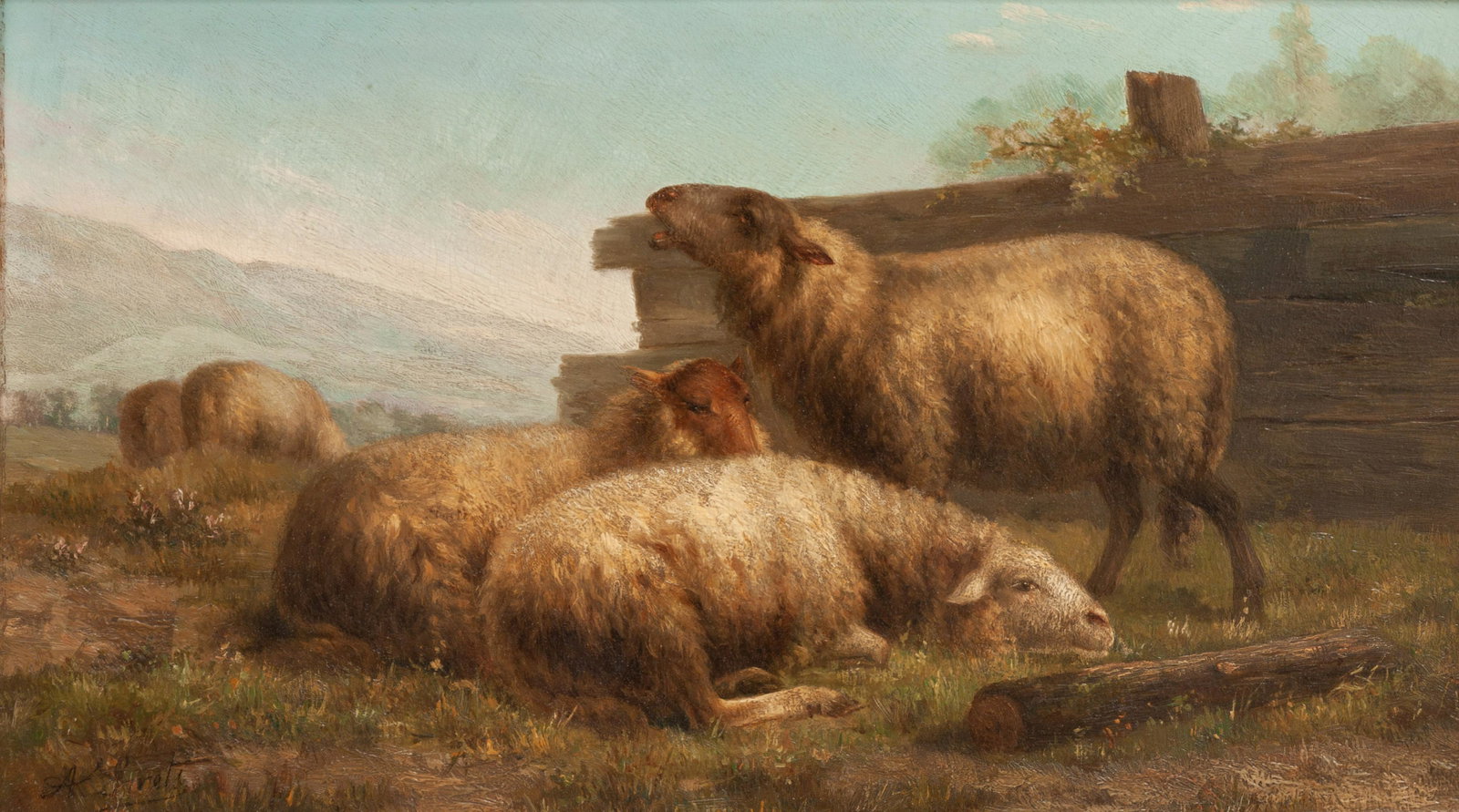 Albert Smets (Belgian, 19th Century) Pastoral Scene: Albert Smets (Belgian, 19th Century) Pastoral Scene with Sheep Oil on Board signed A. Smets lower left 8 3/4 x 15 1/2 inches