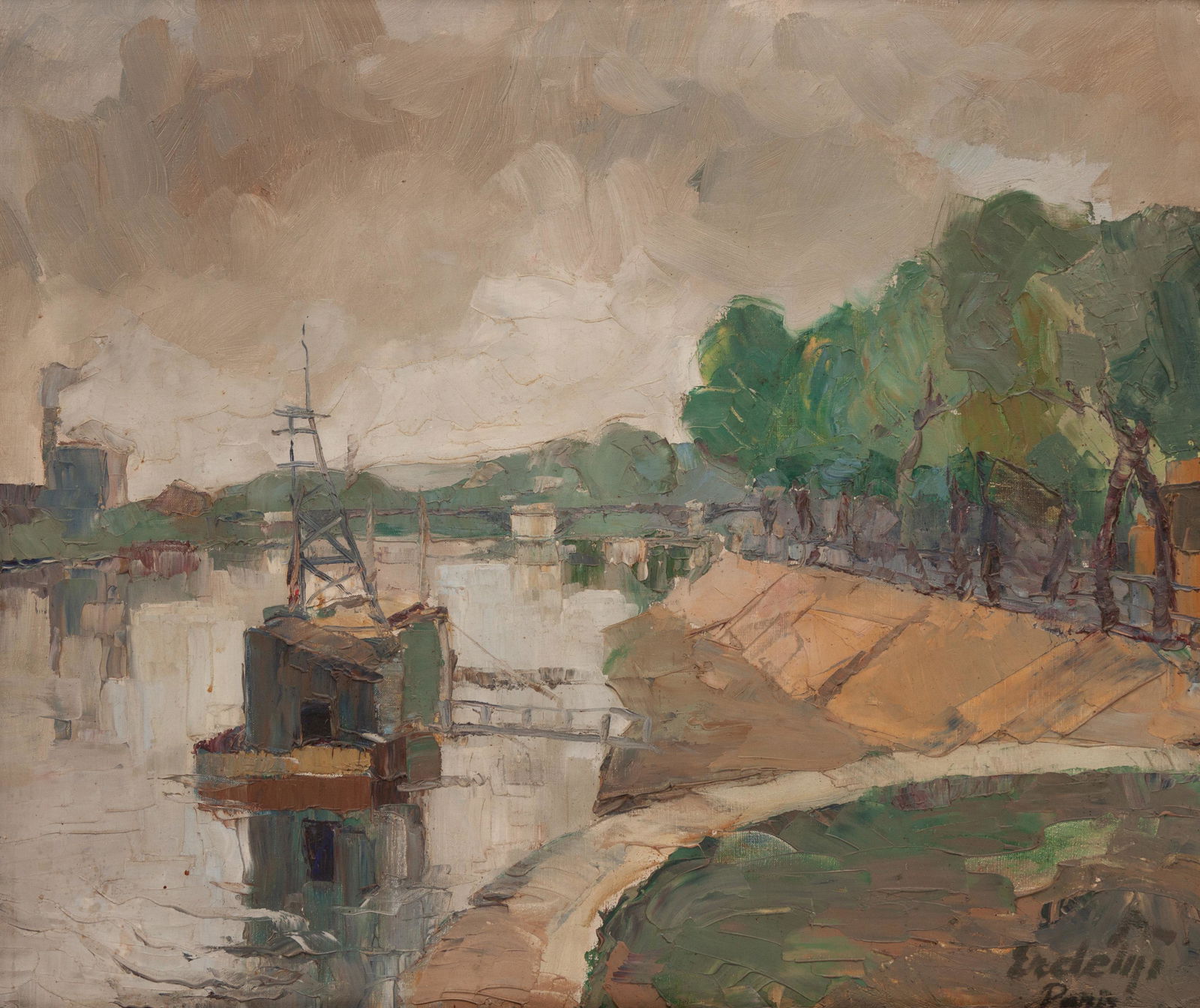Francis de Erdely (Hungarian/American, 1904-1959) Canal: Francis de Erdely (Hungarian/American, 1904-1959) Canal Scene Oil on Canvas signed Erdely / Paris lower right 20 3/4 x 24 3/4 inches