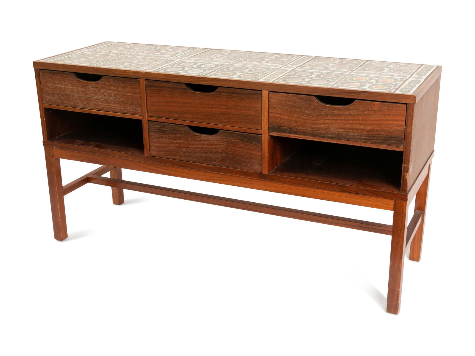 A Danish Tile Inset Teak Cabinet by Haslev: A Danish Tile Inset Teak Cabinet by Haslev Mobelsnedkeri rosewood construction with 4 drawers and a tile top with Danish Furniture Makers Control sticker to underside height 22 3/4 x lengt