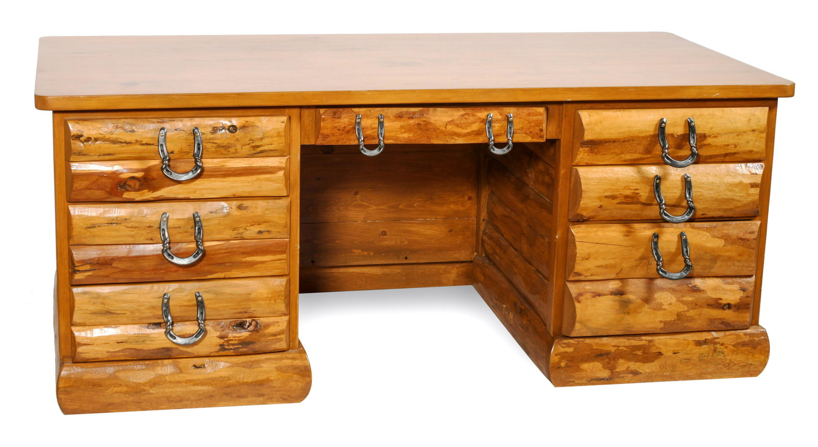 A Western Style Desk, Cowboy Classics by Tom Bice : A Western Style Desk, Cowboy Classics by Tom Bice with seven drawers featuring twisted horseshoe handles height 30 x length 71 1/2 x depth 32 3/4 inches Property from the Estate of a Wyoming Co