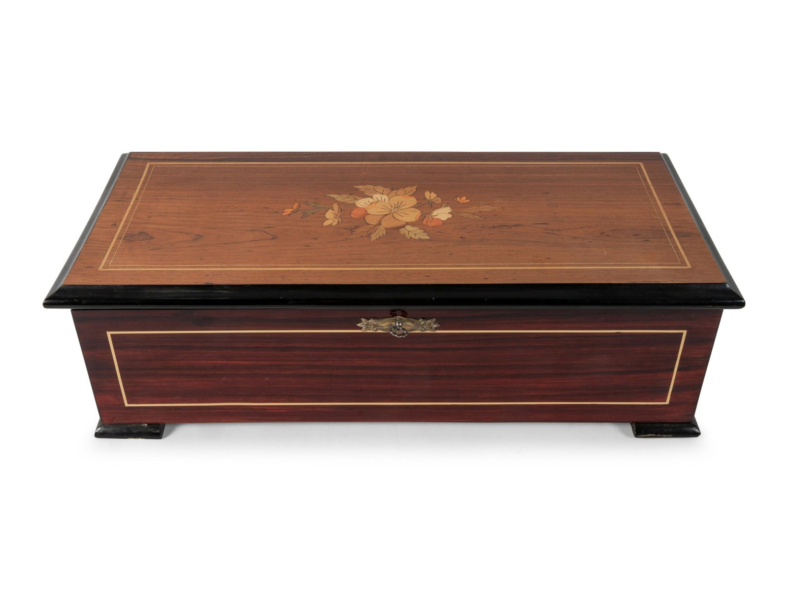 A Swiss Fortifsimo Piccolo Cylinder Music box having an: A Swiss Fortifsimo Piccolo Cylinder Music box having an inlaid rosewood case, with a six song title sheet and a nickel movement with an 8 1/4 inch cylinder, song indicator and zither attachment height