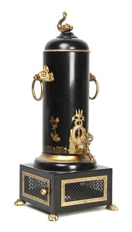 A Tole Painted Hot Water Kettle, Height 20 inches.: A Tole Painted Hot Water Kettle, having a dolphin finial and dolphin mask ring handles, raised on paw feet. Height 20 inches.