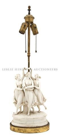 A Continental Bisque Porcelain Figural Group, Heig: A Continental Bisque Porcelain Figural Group, depicting the Three Graces, mounted as a lamp. Height overall 26 inches. Property from the Estate of Jerome Hochberg, Winnetka, Illinois