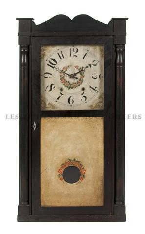 An American Mahogany Shelf Clock, Riley Whiting, H: An American Mahogany Shelf Clock, Riley Whiting, 19th century, Winchester, Conn., the dial with Arabic numerals over the eglomise panel. Height 33 1/2 inches. Property from the Museum of Science and I