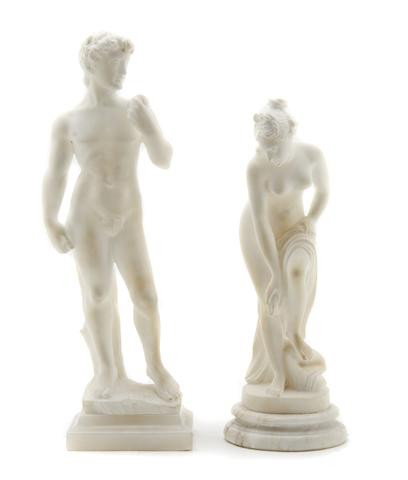 Two Alabaster Figures, Height of taller 10 inches.: Two Alabaster Figures, depicting classical figures. Height of taller 10 inches. Property from the Estate of Naomi T. Borwell, Chicago, Illinois