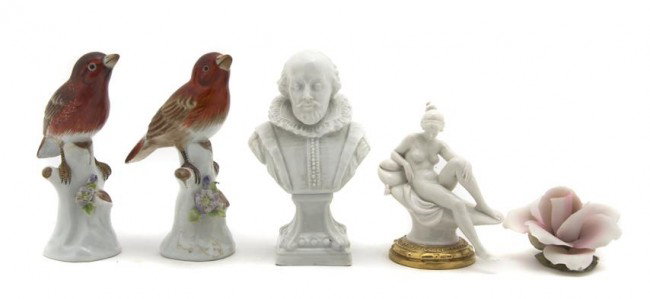 Two Capodimonte Porcelain Figures, Height of talle: Two Capodimonte Porcelain Figures, first depicting a nude, the second of Shakespeare, together with two bird figurines and a flower. Height of tallest 5 1/4 inches. Property from the Estate of Naomi T