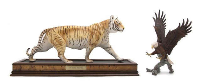 A Pair of Porcelain Bengal Tigers, Franklin Mint, : A Pair of Porcelain Bengal Tigers, Franklin Mint, together with an American Bald Eagle on a naturalistic base. Length of first 22 1/2 inches. Property from the Estate of Naomi T. Borwell, Chicago, Ill