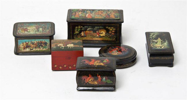 A Collection of Six Russian Lacquered Boxes, Width: A Collection of Six Russian Lacquered Boxes, each of Soviet era and depicting scenes from Russian folklore. Width of widest 6 1/4 inches. Property from the Estate of Naomi T. Borwell, Chicago, Illinoi