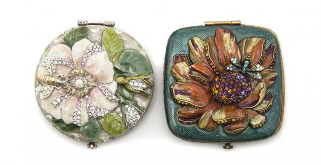 Two Enameled Compacts, Jay Strongwater, Width of e: Two Enameled Compacts, Jay Strongwater, each with floral and insect decoration having inset rhinestones. Width of each 2 1/2 inches. Property from the Estate of Naomi T. Borwell, Chicago, Illinois