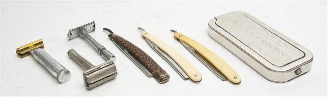 A Collection of Vintage Shaving Articles, Length o: A Collection of Vintage Shaving Articles, comprising three cased straight razors, together with four associated varieties. Length of longest case 6 5/8 inches. Property from the Estate of Naomi T. Bor