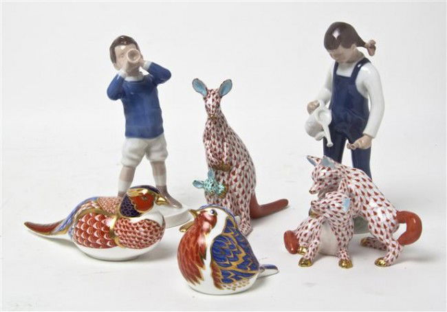 A Collection of Six Porcelain Figures, Height of t: A Collection of Six Porcelain Figures, comprising Herend fish net decorated foxes and a kangaroo with joey, Royal Crown Derby pheasant and sparrow and a Bing and Grondal boy and girl. Height of talles