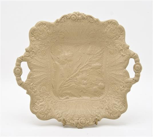 A Creamware Tray, Width over handles 10 3/4 inches: A Creamware Tray, of square handled form, with foliate and berry decoration. Width over handles 10 3/4 inches. Property from the Estate of Medard C. Lange, Chicago, Illinois