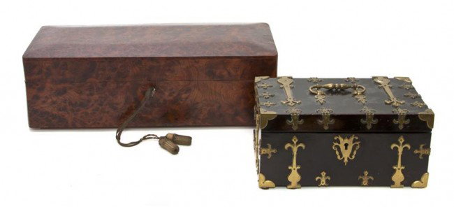 A Burlwood Table Casket, Width of first 15 1/2 inc: A Burlwood Table Casket, together with a brass banded example. Width of first 15 1/2 inches. Property from the Estate of Medard C. Lange, Chicago, Illinois