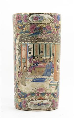 A Chinese Rose Medallion Umbrella Stand, Height 17: A Chinese Rose Medallion Umbrella Stand, of circular form, having polychrome floral decoration, together with various umbrellas. Height 17 1/2 inches. Property from the Estate of Naomi T. Borwell, Chi