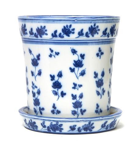 A Portugese Ceramic Garden Seat: A Portugese Ceramic Garden Seat, having cobalt blue decoration throughout, interior signed Lisbon Portugal 1963, together with an associated planter and underplate. Height 20 inches. Property from the