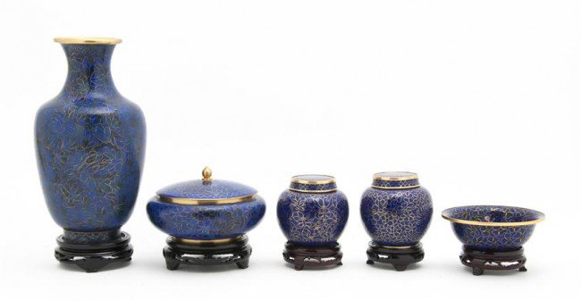 A Collection of Five Chinese Cloisonne Articles, H: A Collection of Five Chinese Cloisonne Articles, comprising a pair of ginger jars, a covered bowl, a vase and a bowl. Height of tallest 10 inches. Property from the Estate of Naomi T. Borwell, Chicago