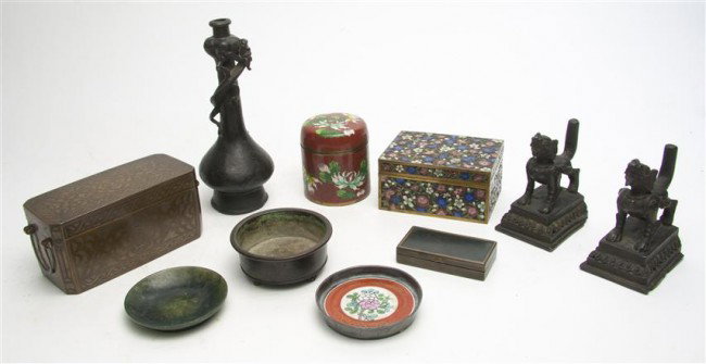 A Collection of Southeast Asian Metal Articles, He: A Collection of Southeast Asian Metal Articles, comprised of a rectangular cloisonne decorated box and circular lidded box, a bronze garlic head vase, a circular footed bronze censer, a box with spina