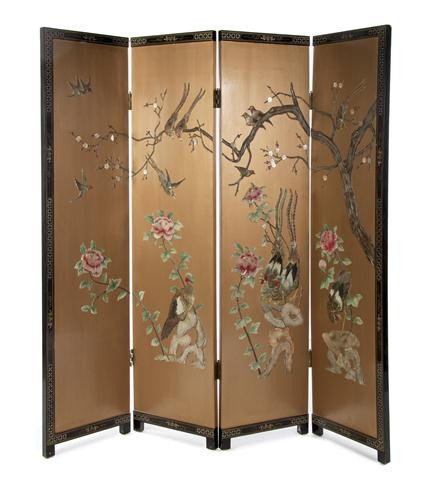 A Chinese Four-Panel Screen, Height 71 7/8 x width: A Chinese Four-Panel Screen, having applied carved stone decoration of birds perched on branches and rocks, on a gilt reserve. Height 71 7/8 x width of each panel 18 inches. Property from the Estate o
