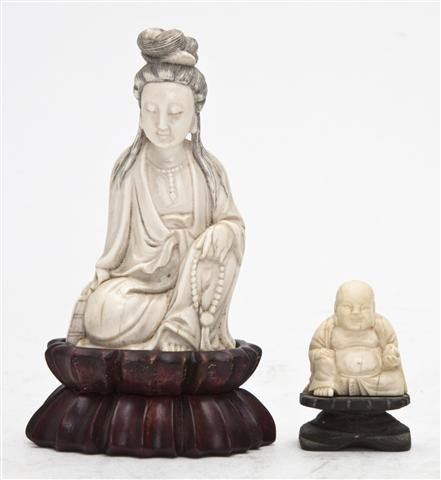 Two Carved Ivory Figures, Height of first 4 inches: Two Carved Ivory Figures, the first depicting a female figure seated on one knee holding a string of beads, raised on a carved wood base, the second in a seated position. Height of first 4 inches.
